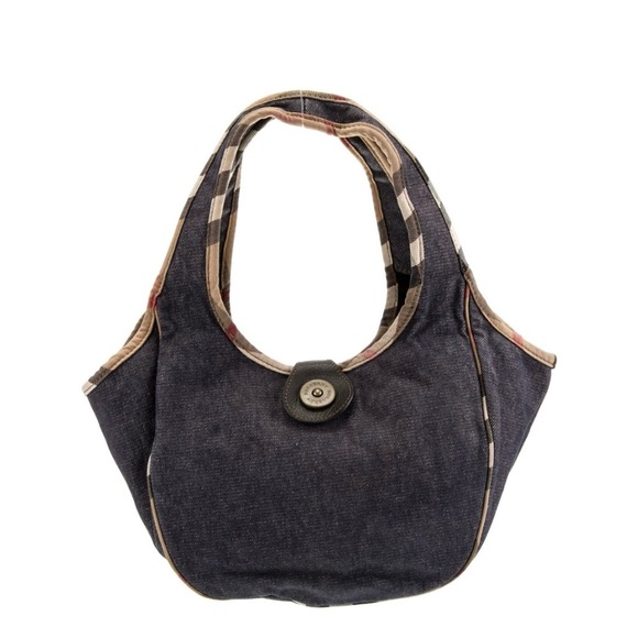 Burberry Check-Trim Leather Denim Hobo Bag - Picture 1 of 16